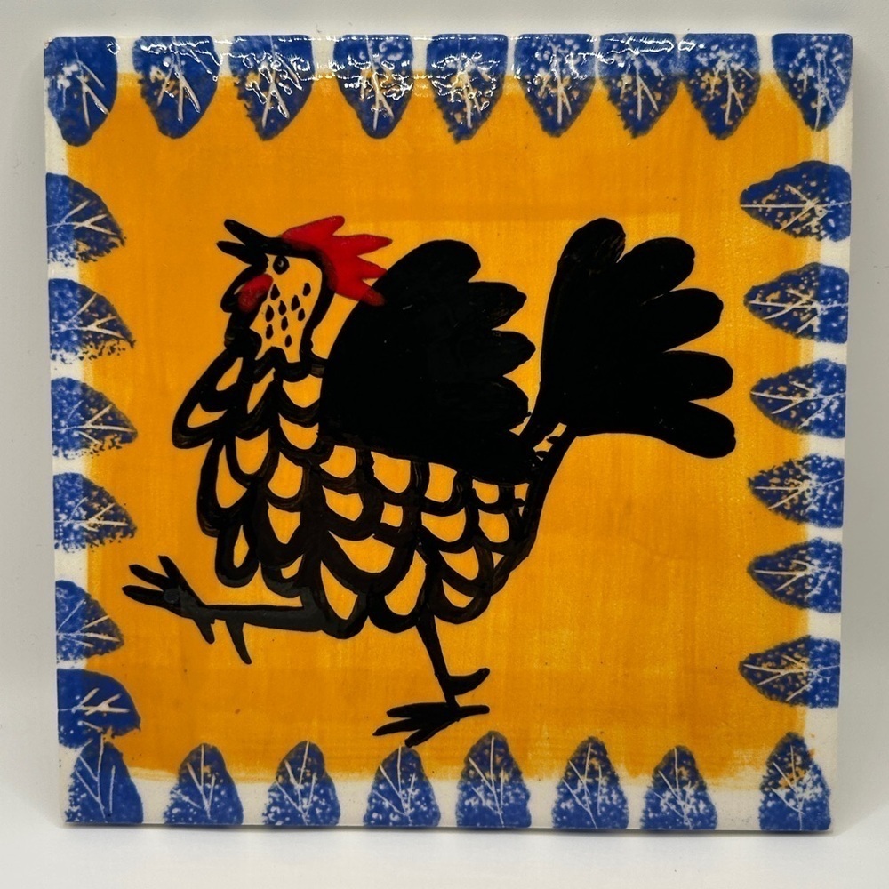 Hand-Painted Rooster Art Ceramic Tile Artist Signed​​​​​​​​
